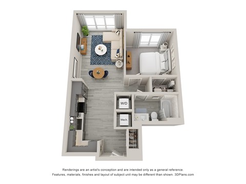 Floor plan for 1 bed, 1 bath, 683 sqft